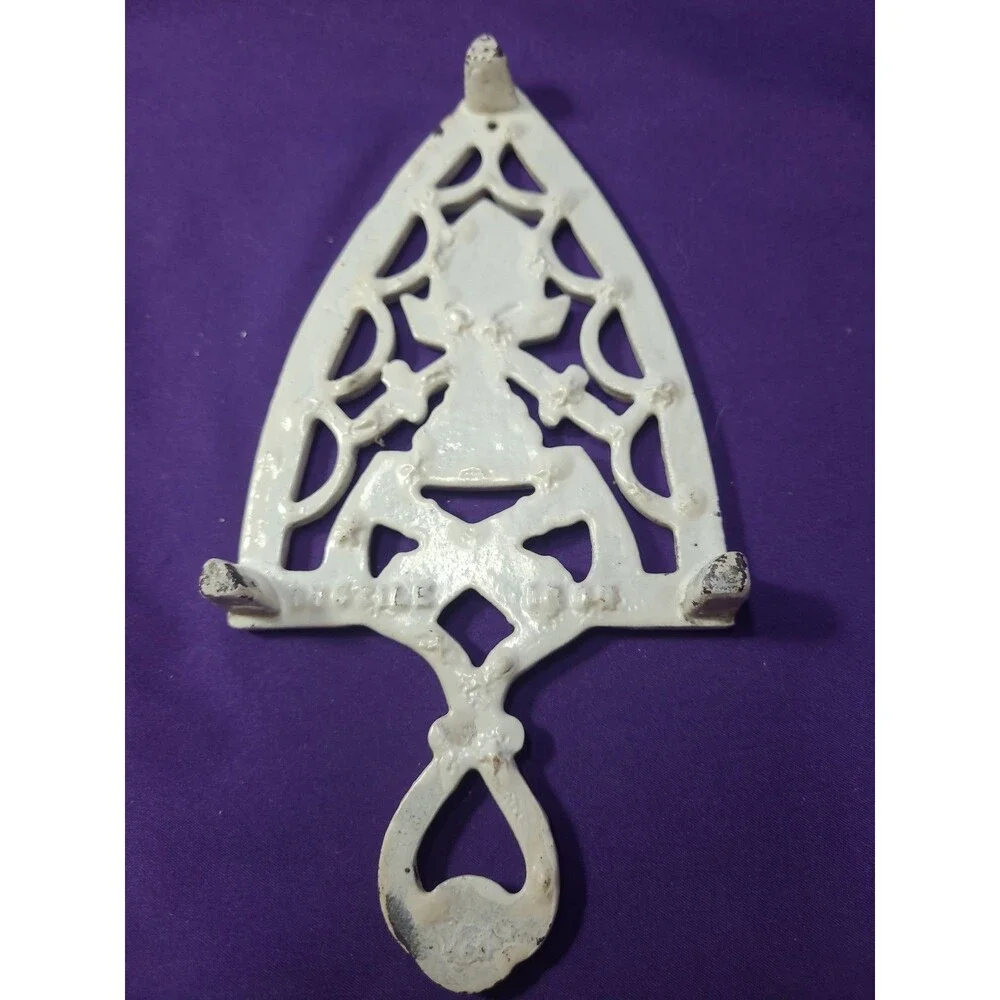 2 Vintage Cast Iron Trivet Cathedral Shabby Painted White & Black
